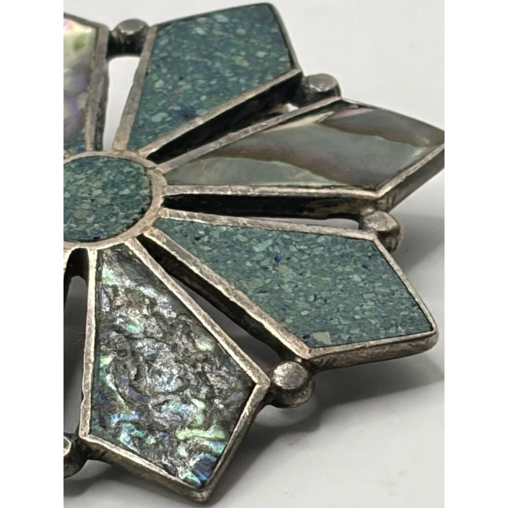 Vintage Mexico 925 Sterling Silver Abalone Crushed Turquoise Flower Brooch Pin